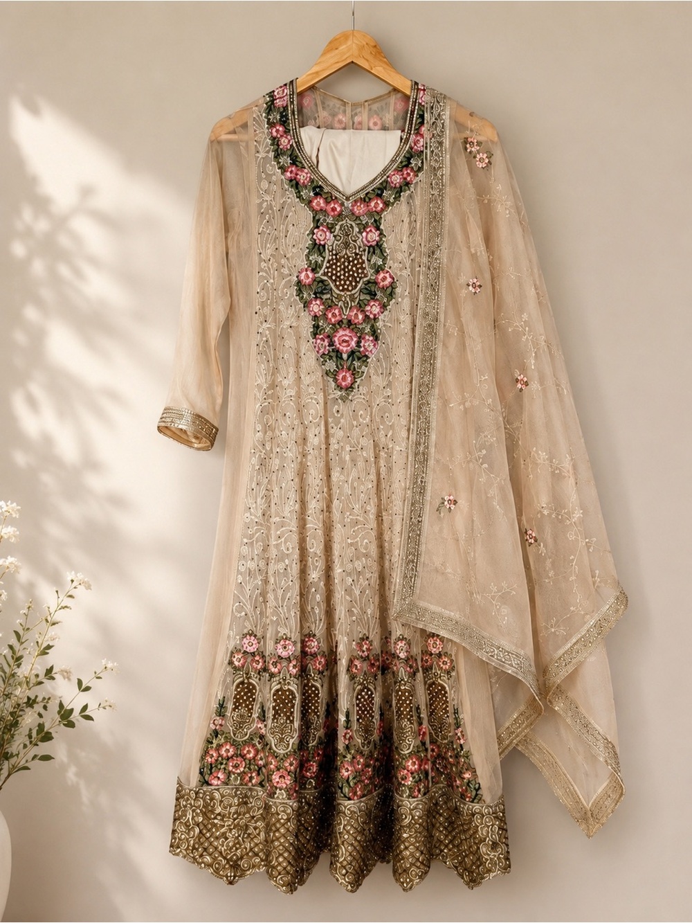 Elegant Beige Embroidered Women’s Dress with Pink Floral Accents